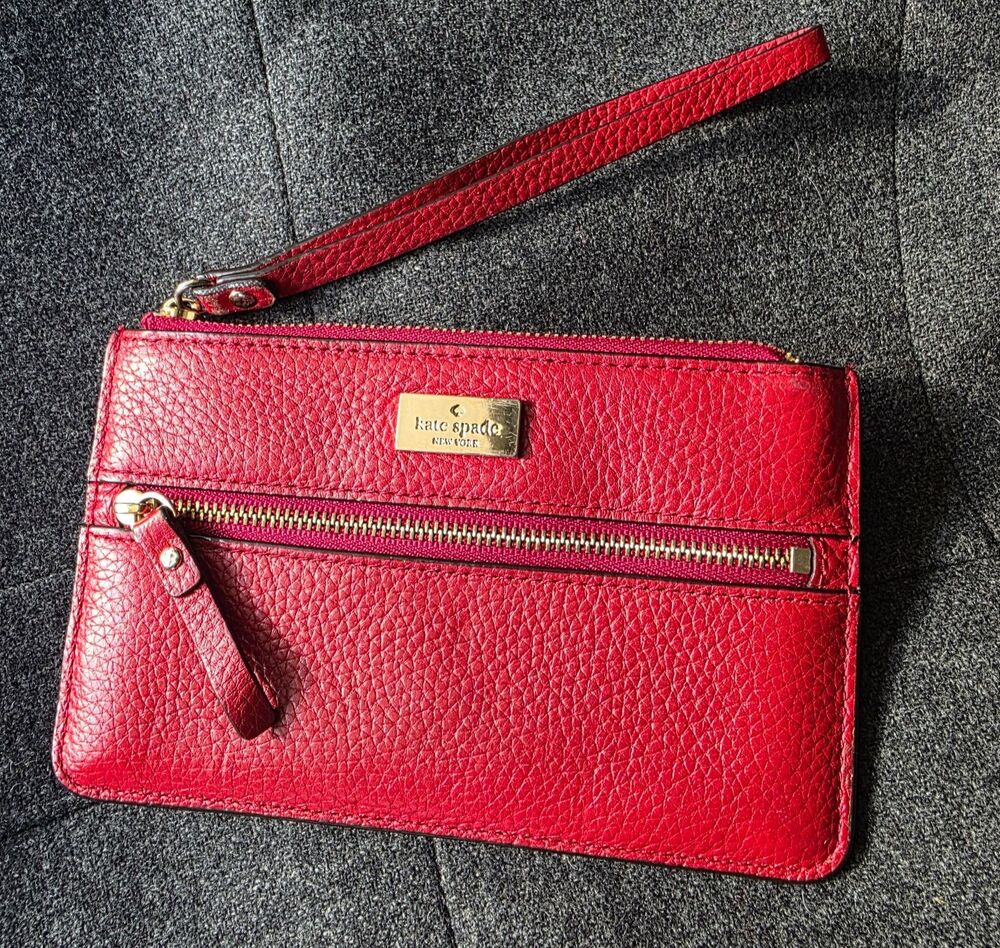 Kate Spade Wristlet - Red Leather Wallet with Strap and 2 Zippered Compartments